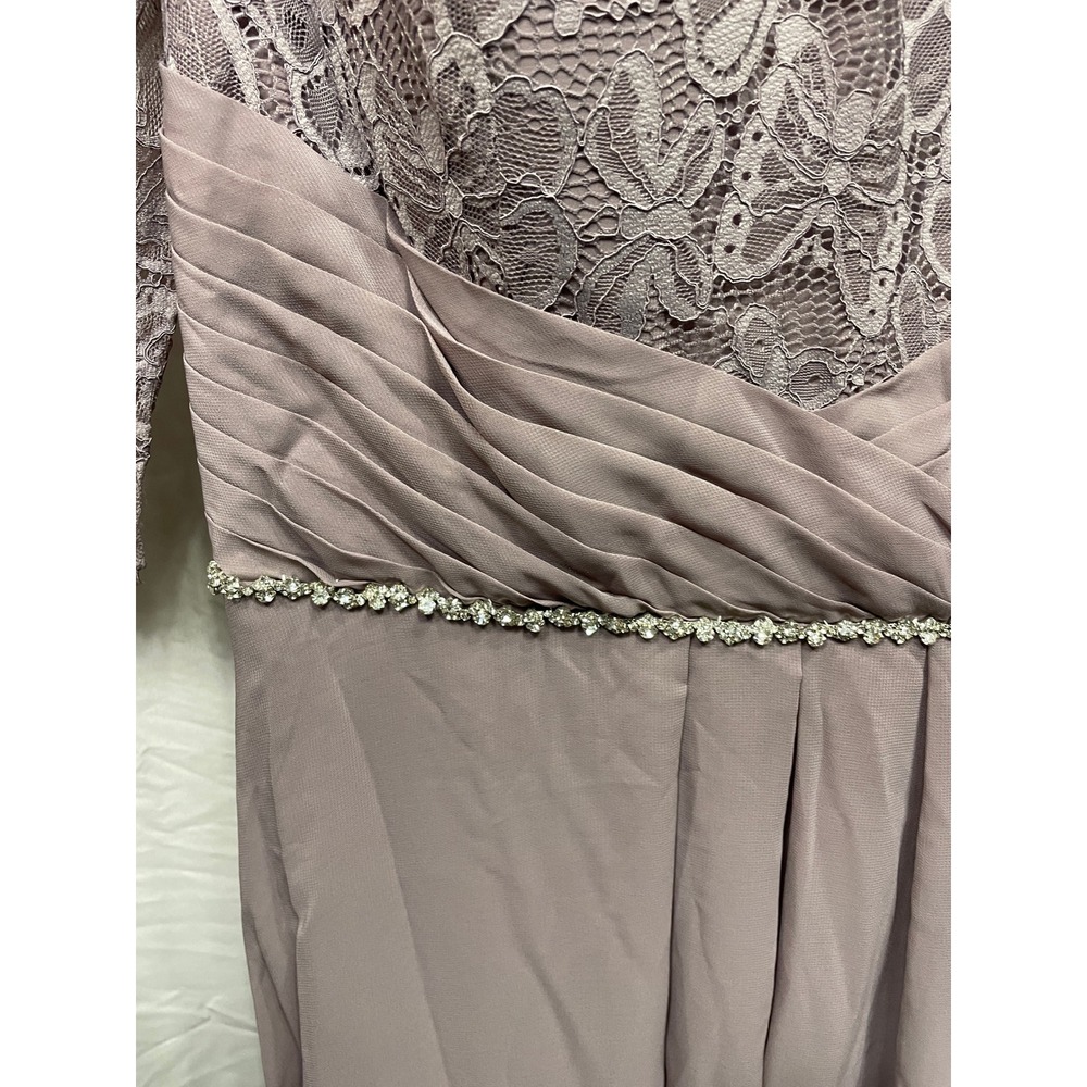 JJ's House dusty Mauve Lace Chiffon Gown with Rhinestone Belt 3/4 Sleeve Dress - Picture 4 of 6